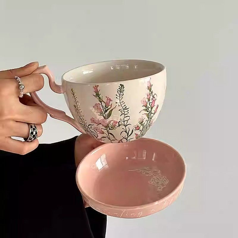 Vintage Ceramic Breakfast Cup Set with Lid & Saucer Large Capacity Retro Coffee Mug