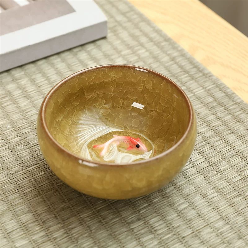 Crackle Glaze Chinese Porcelain Teacup Set Double Fish Kung Fu Travel Tea Cups 4