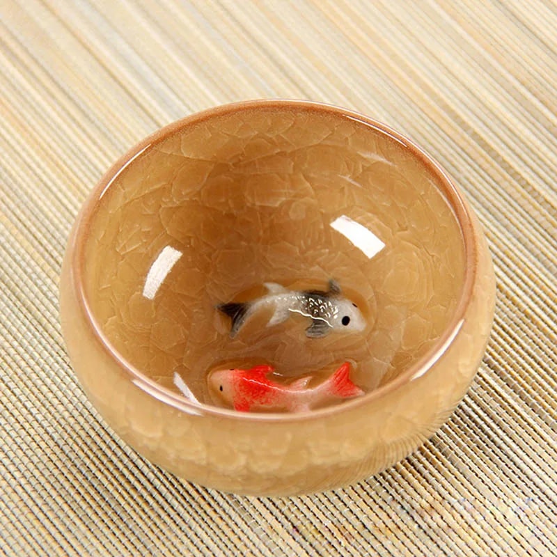 Crackle Glaze Chinese Porcelain Teacup Set Double Fish Kung Fu Travel Tea Cups 6