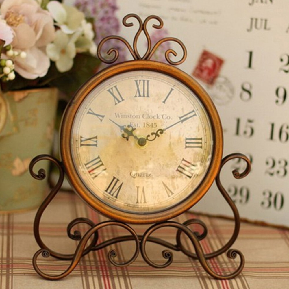 Vintage Retro Iron Table Clock Silent Battery Operated Desk Clock For Home Office Decor 1