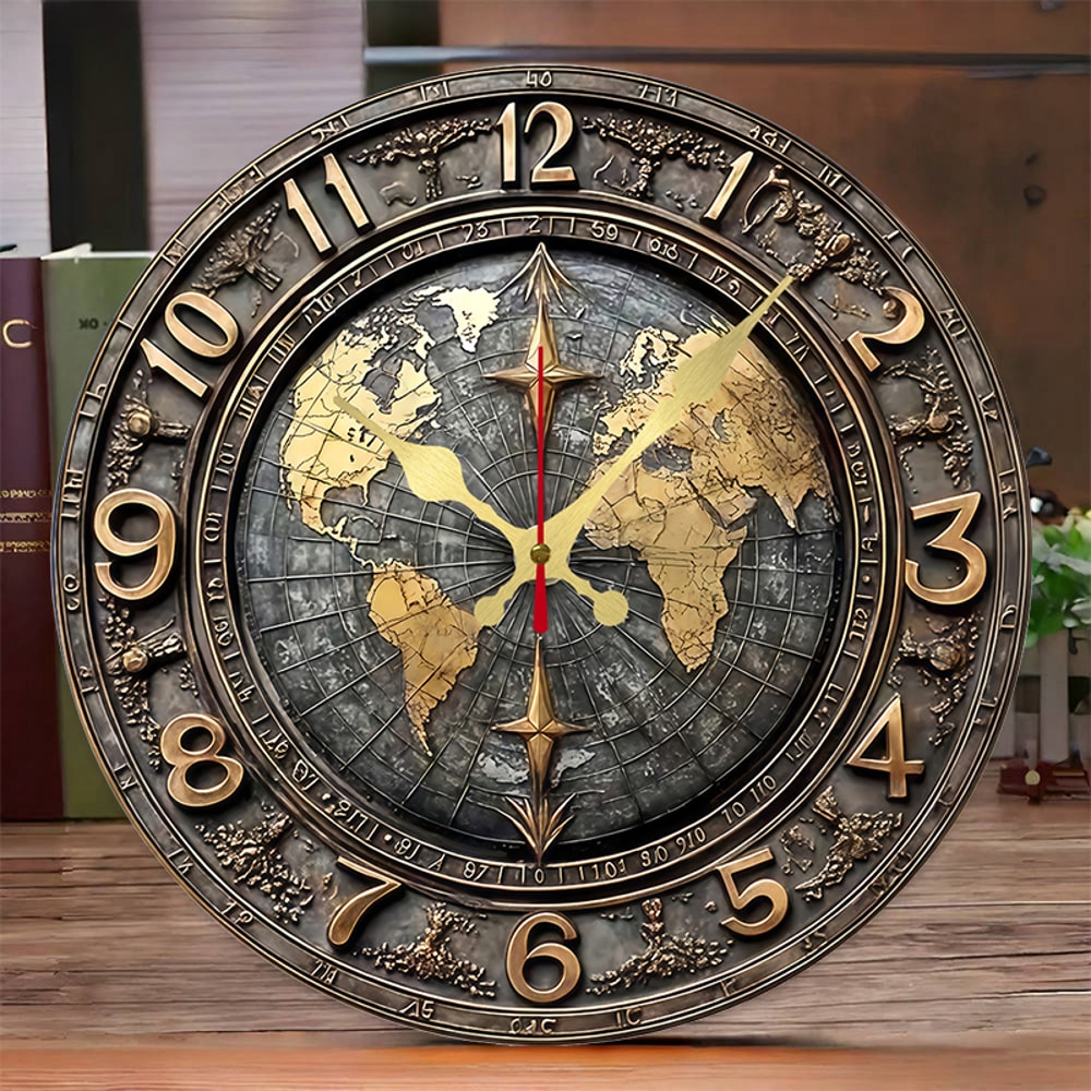 Vintage World Map Wooden Wall Clock Silent Decorative Round Home Decor 0