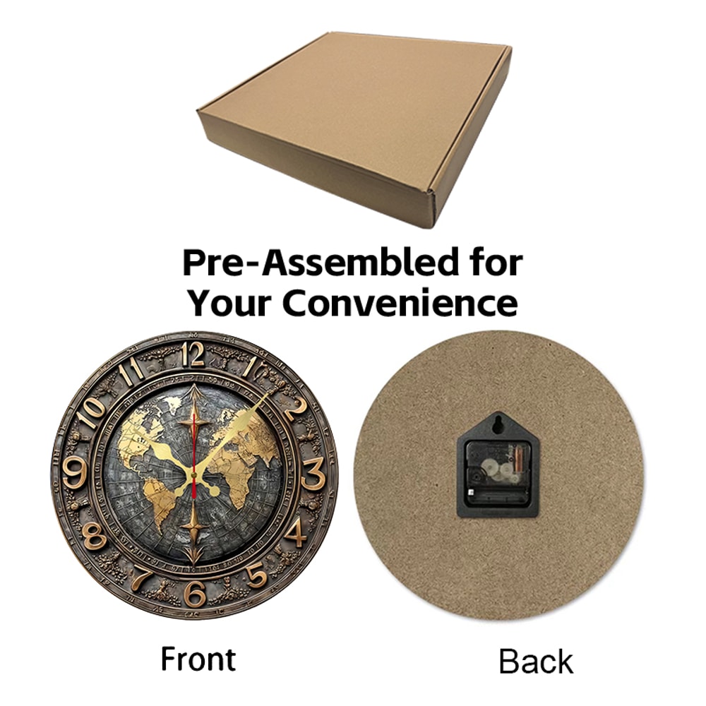 Vintage World Map Wooden Wall Clock Silent Decorative Round Home Decor 4