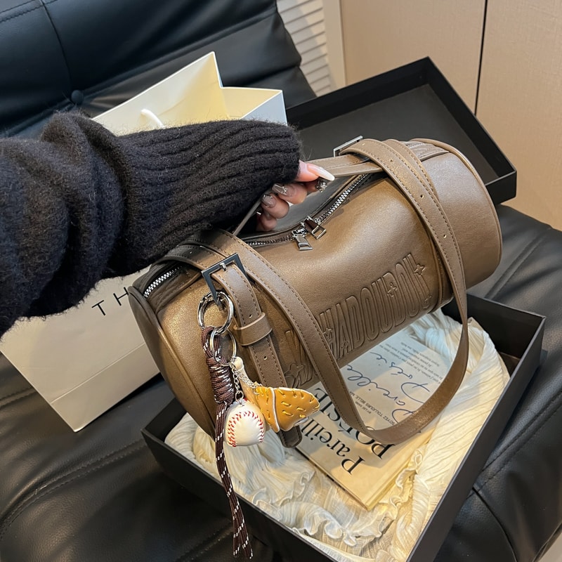 Elegant Cylinder Crossbody Bag For Women PU Leather Designer Shoulder Handbag With Pendant 5