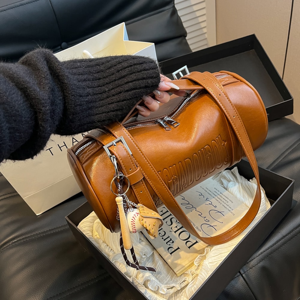 Elegant Cylinder Crossbody Bag For Women PU Leather Designer Shoulder Handbag With Pendant 6