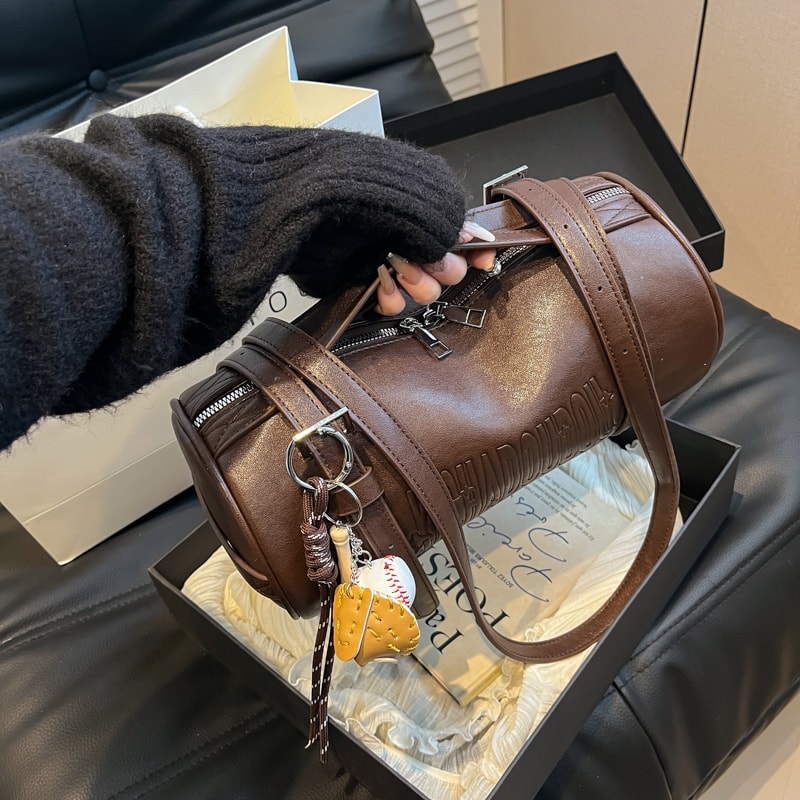 Elegant Cylinder Crossbody Bag For Women PU Leather Designer Shoulder Handbag With Pendant 7