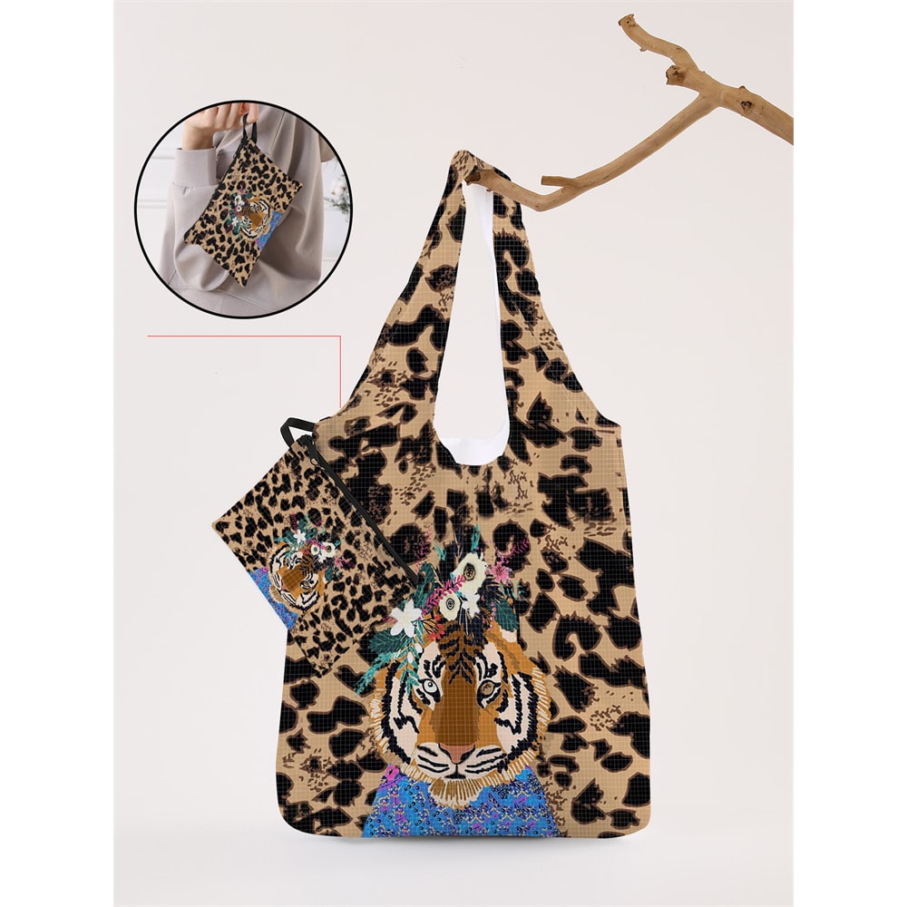 Foldable Leopard Print Shopping Bag Reusable Large Capacity Tote 0