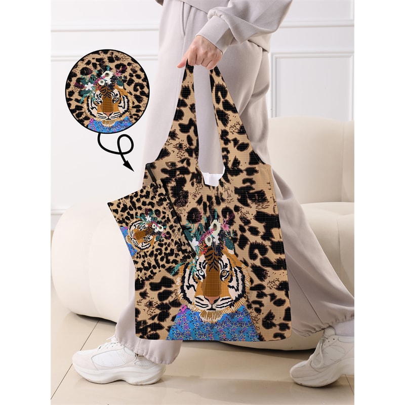 Foldable Leopard Print Shopping Bag Reusable Large Capacity Tote 2