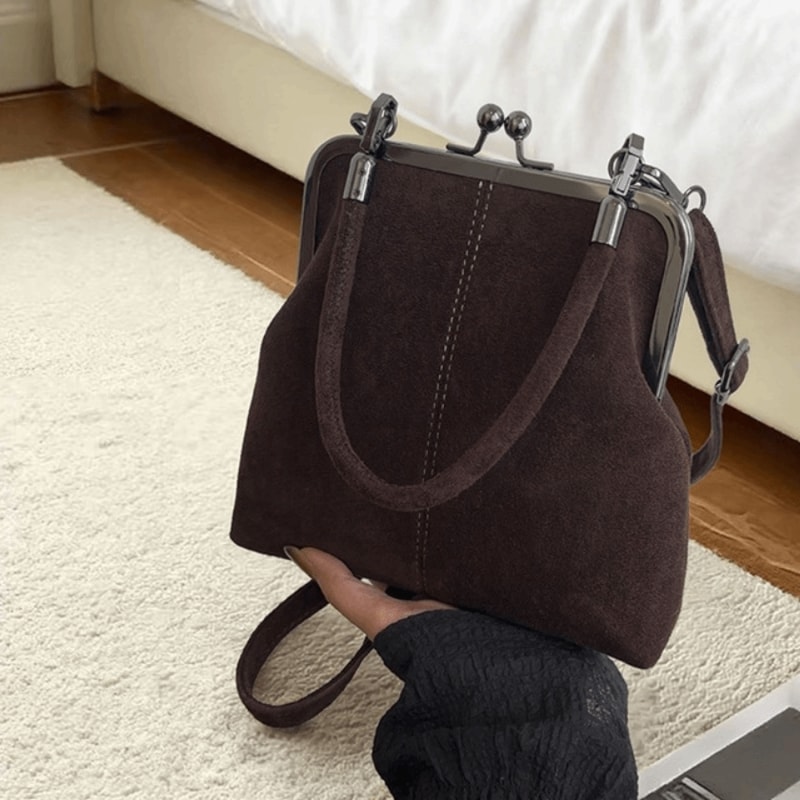 Retro Kiss Lock Clutch Crossbody Leather Bag Large Capacity Vintage Handbag 6