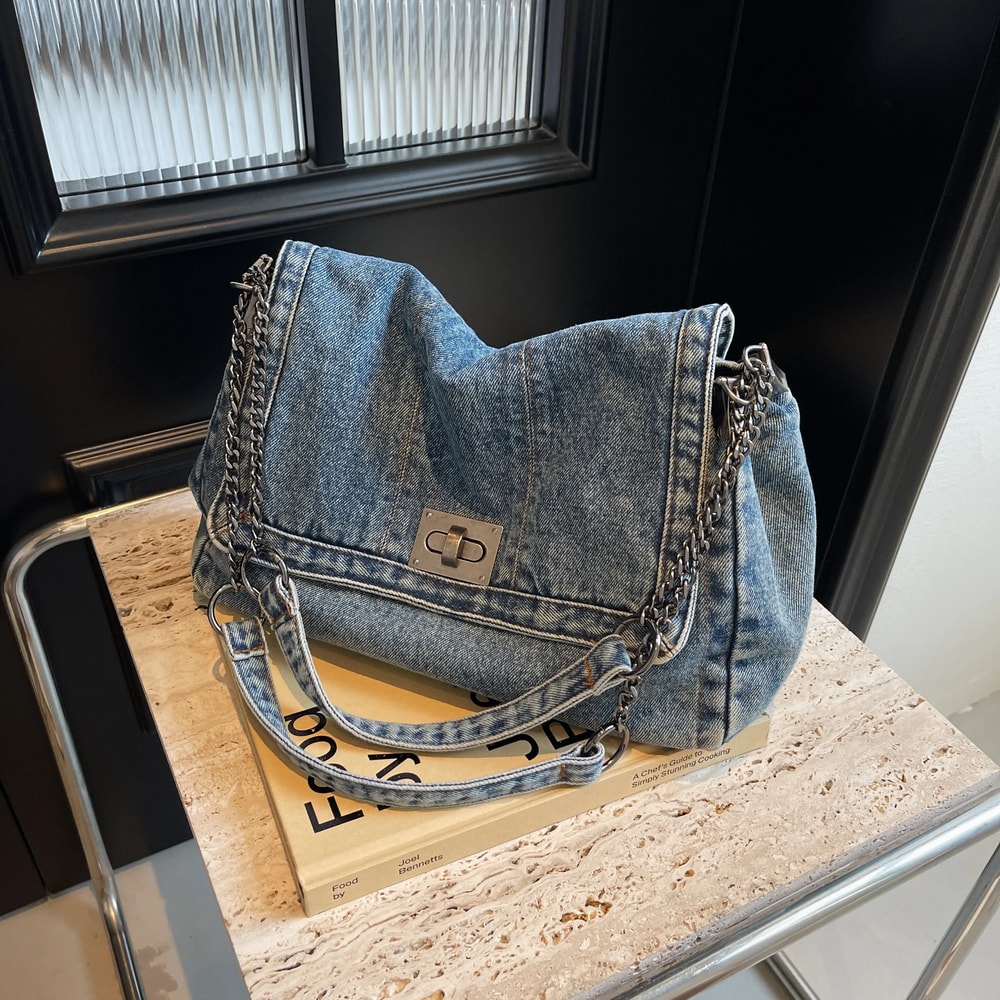 Vintage Denim Tote Bag for Women Large Capacity Shoulder Crossbody Everyday Bag