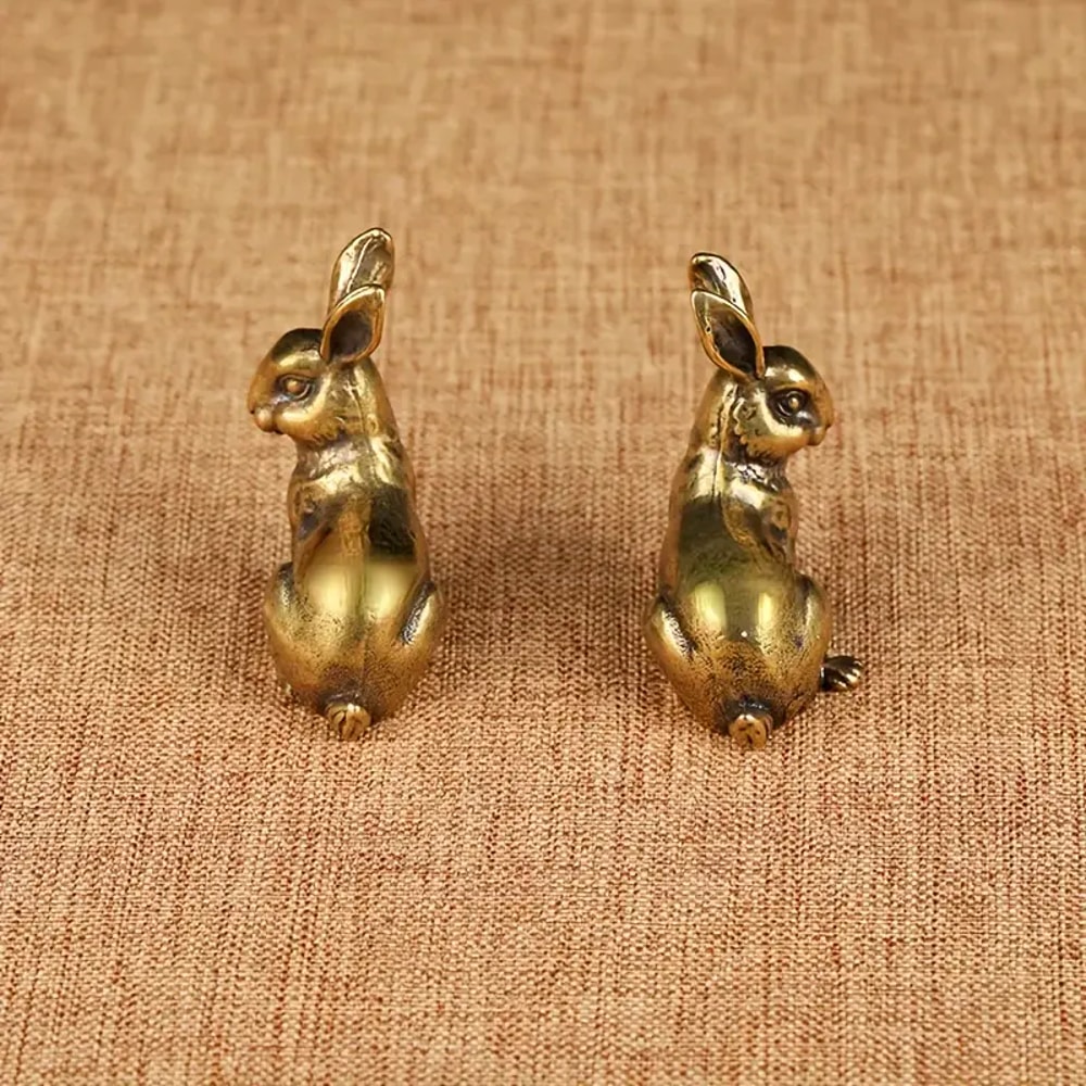 Vintage Brass Rabbit Tea Pet Feng Shui Zodiac Ornament Lucky Charm Decor 2