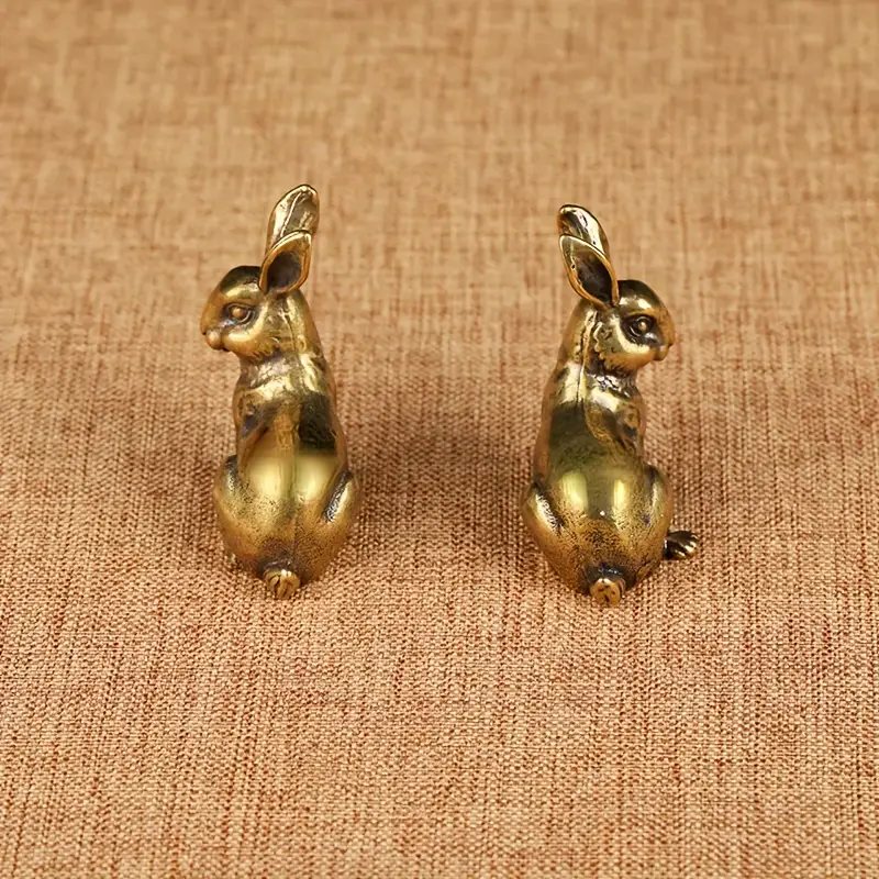 Vintage Brass Rabbit Tea Pet Feng Shui Zodiac Ornament Lucky Charm Decor 2