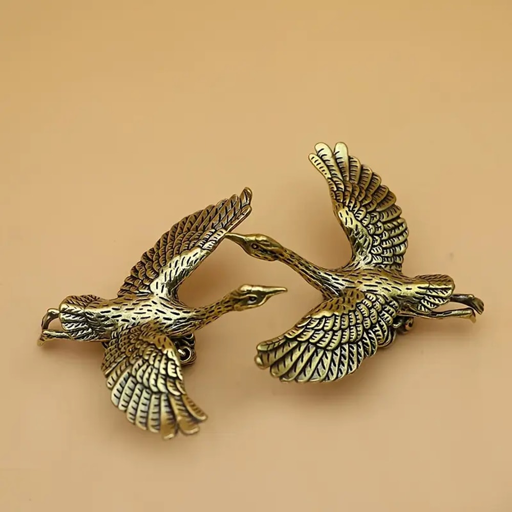 Vintage Brass Crane Figurine Desk Decor Elegant Feng Shui Tea Pet Ornament 0