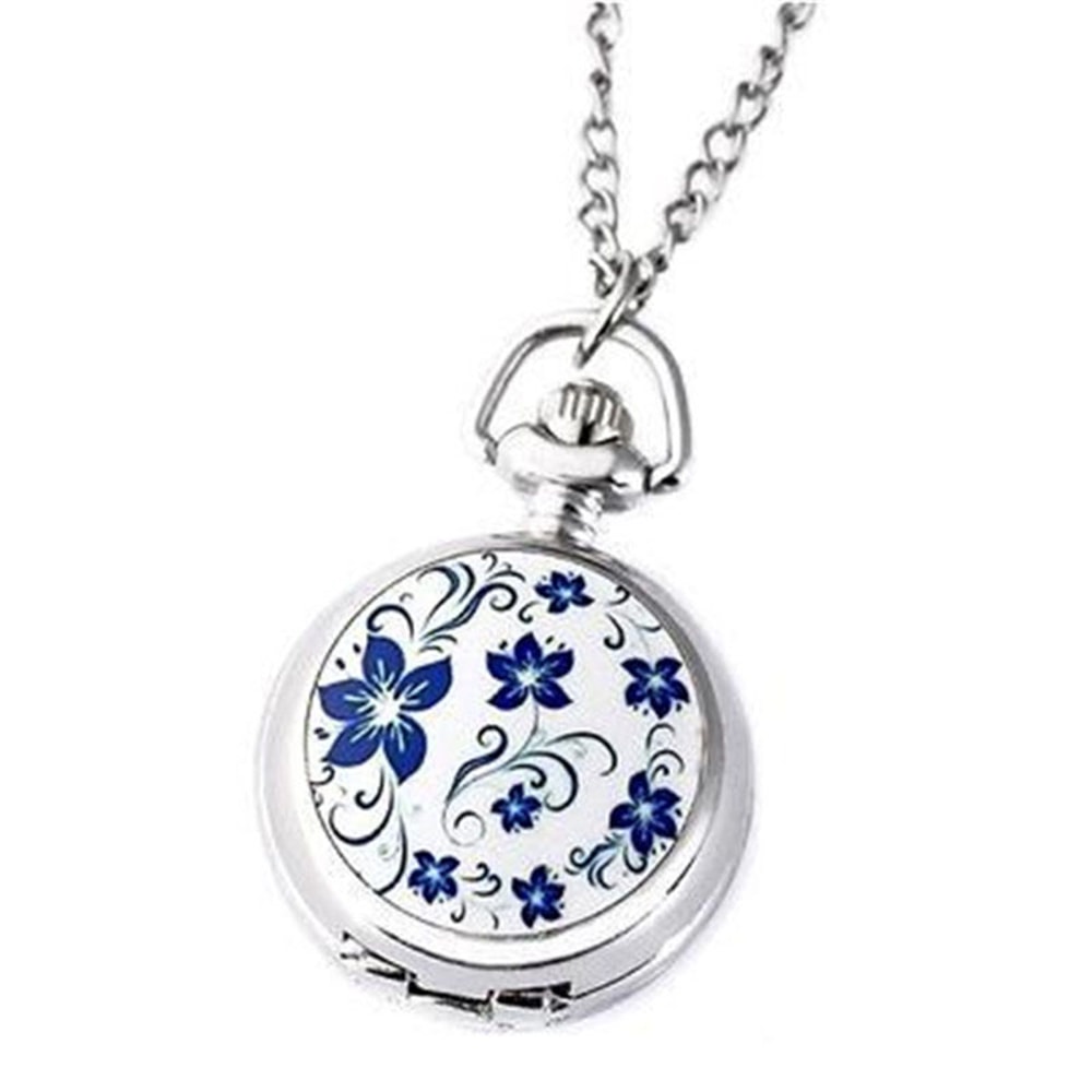 Vintage Lotus Blue Flower Pocket Watch Necklace For Women And Men Quartz Antique Silver Timepiece 6