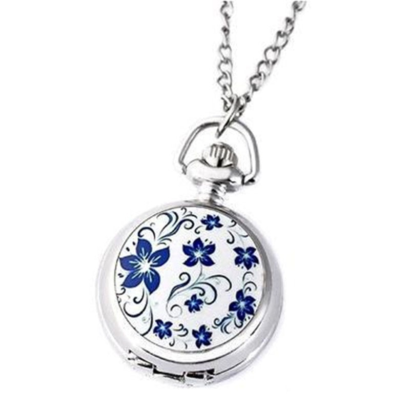 Vintage Lotus Blue Flower Pocket Watch Necklace For Women And Men Quartz Antique Silver Timepiece 6