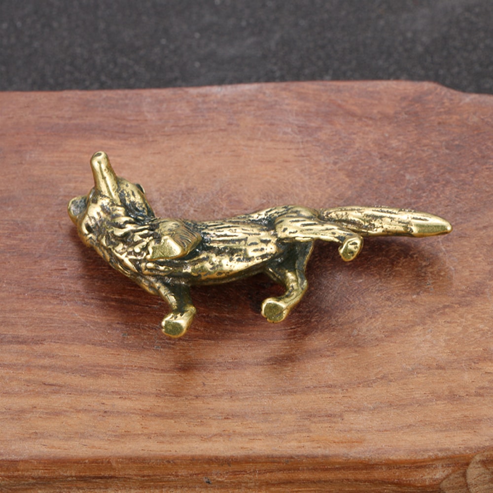 Mini Brass Fox Statue Vintage Desk Decor Animal Figurine Gift
