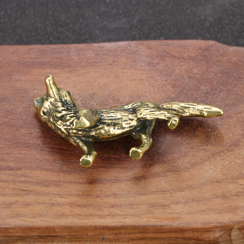 Mini Brass Fox Statue Vintage Desk Decor Animal Figurine Gift