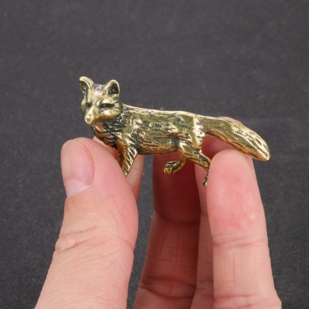 Mini Brass Fox Statue Vintage Desk Decor Animal Figurine Gift