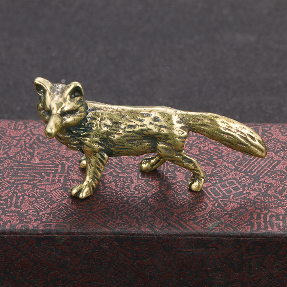 Mini Brass Fox Statue Vintage Desk Decor Animal Figurine Gift