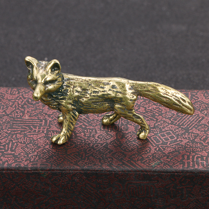 Mini Brass Fox Statue Vintage Desk Decor Animal Figurine Gift