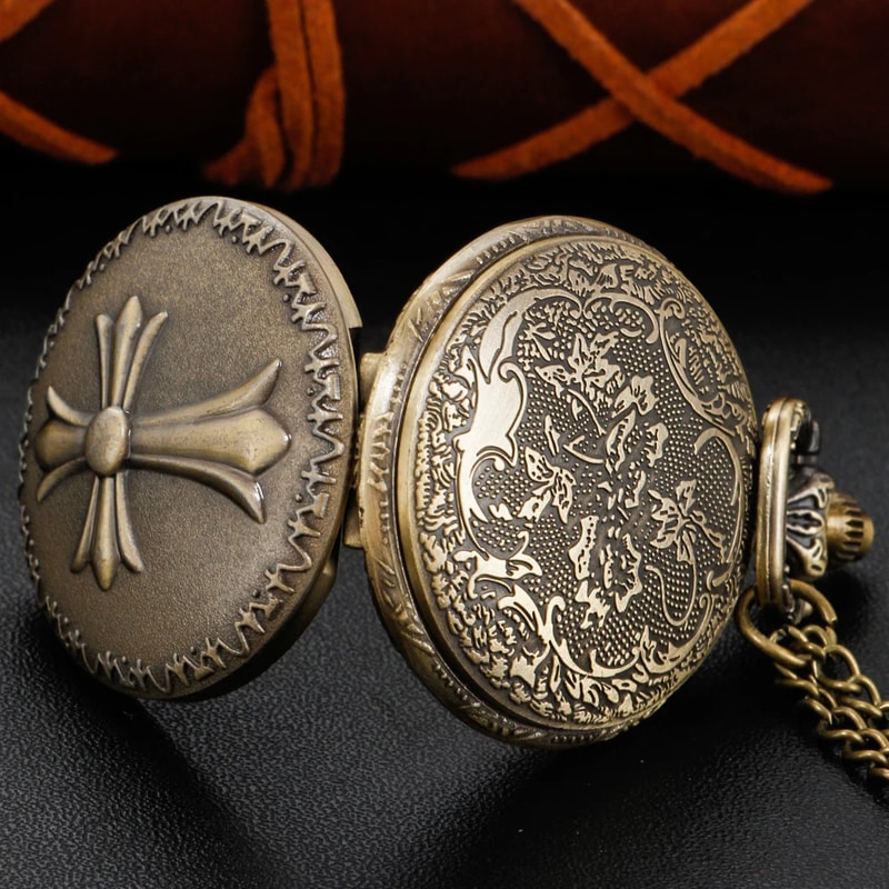Vintage Cross Pocket Watch Necklace with Quartz Movement and Bronze Christian Pendant