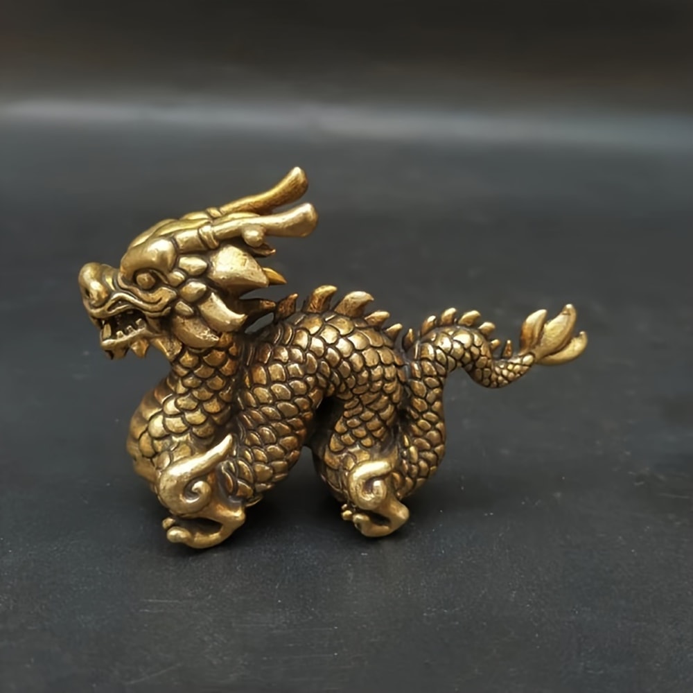 Vintage Brass Dragon Statue Chinese Feng Shui Dragon Decor Sculpture