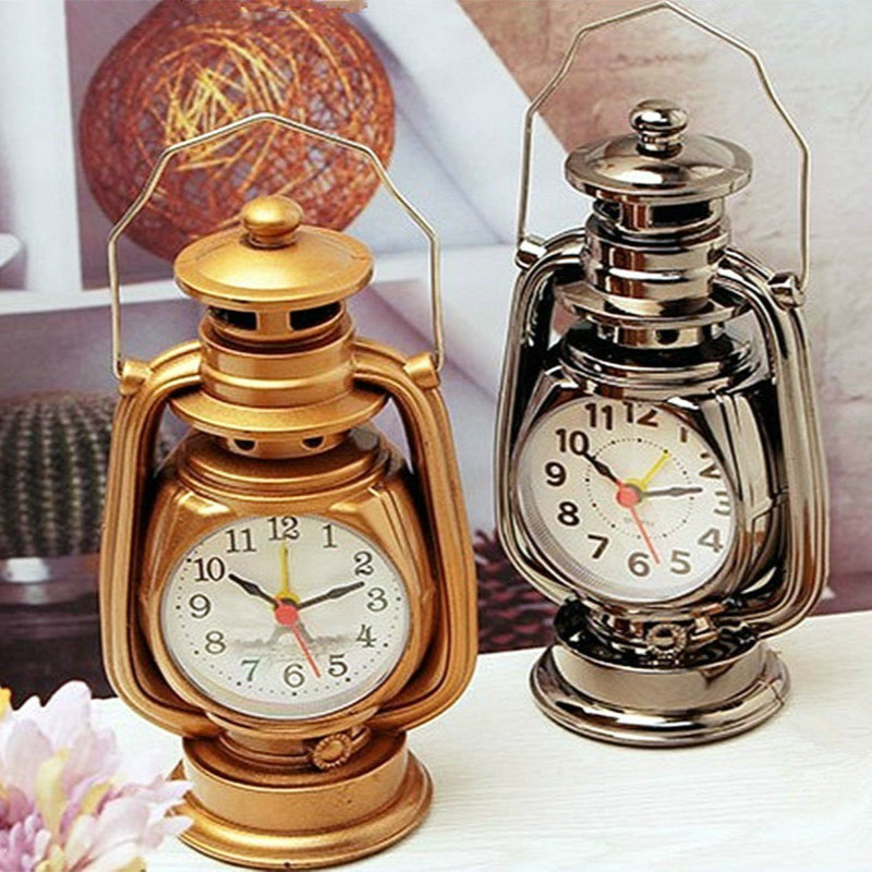 Vintage Oil Lamp Alarm Clock Retro Table Clock Night Light Decor 0