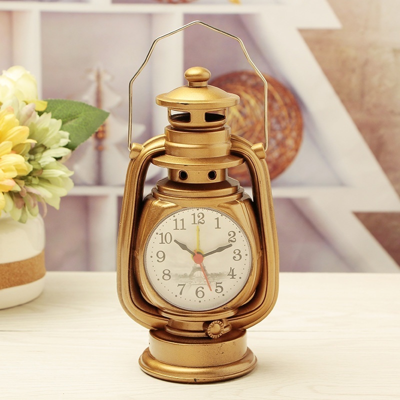 Vintage Oil Lamp Alarm Clock Retro Table Clock Night Light Decor 2