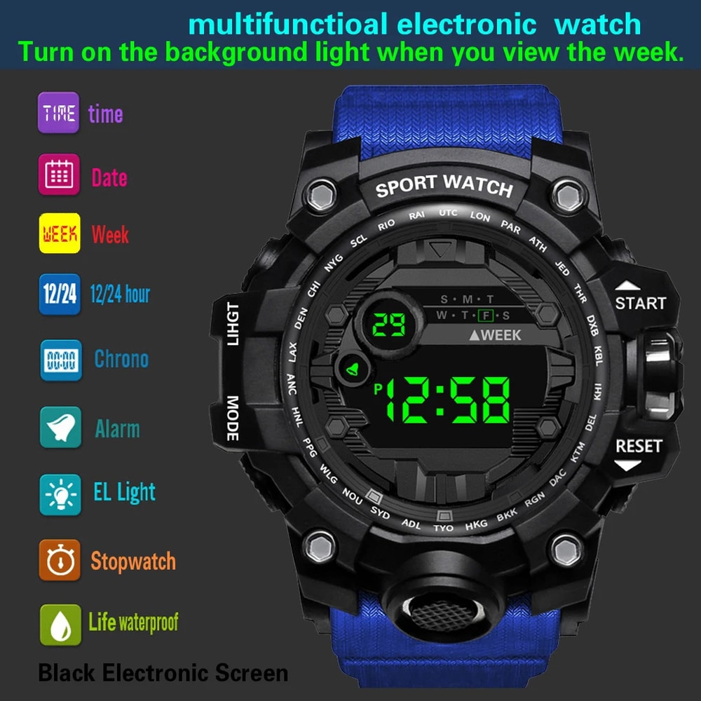 Mens Big Dial LED Digital Sports Watch Waterproof Stopwatch Alarm Fitness Wristwatch 4