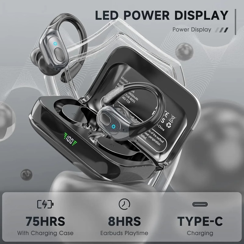 Wireless Earbuds with Earhook Bluetooth Sport Headphones with Noise Cancelling & Long Playtime