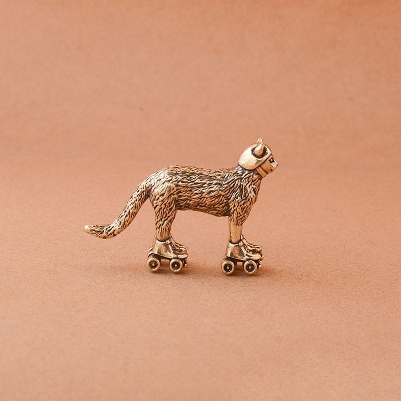 Vintage Brass Ski Cat Tea Pet Figurine Mini Desk Decor 2