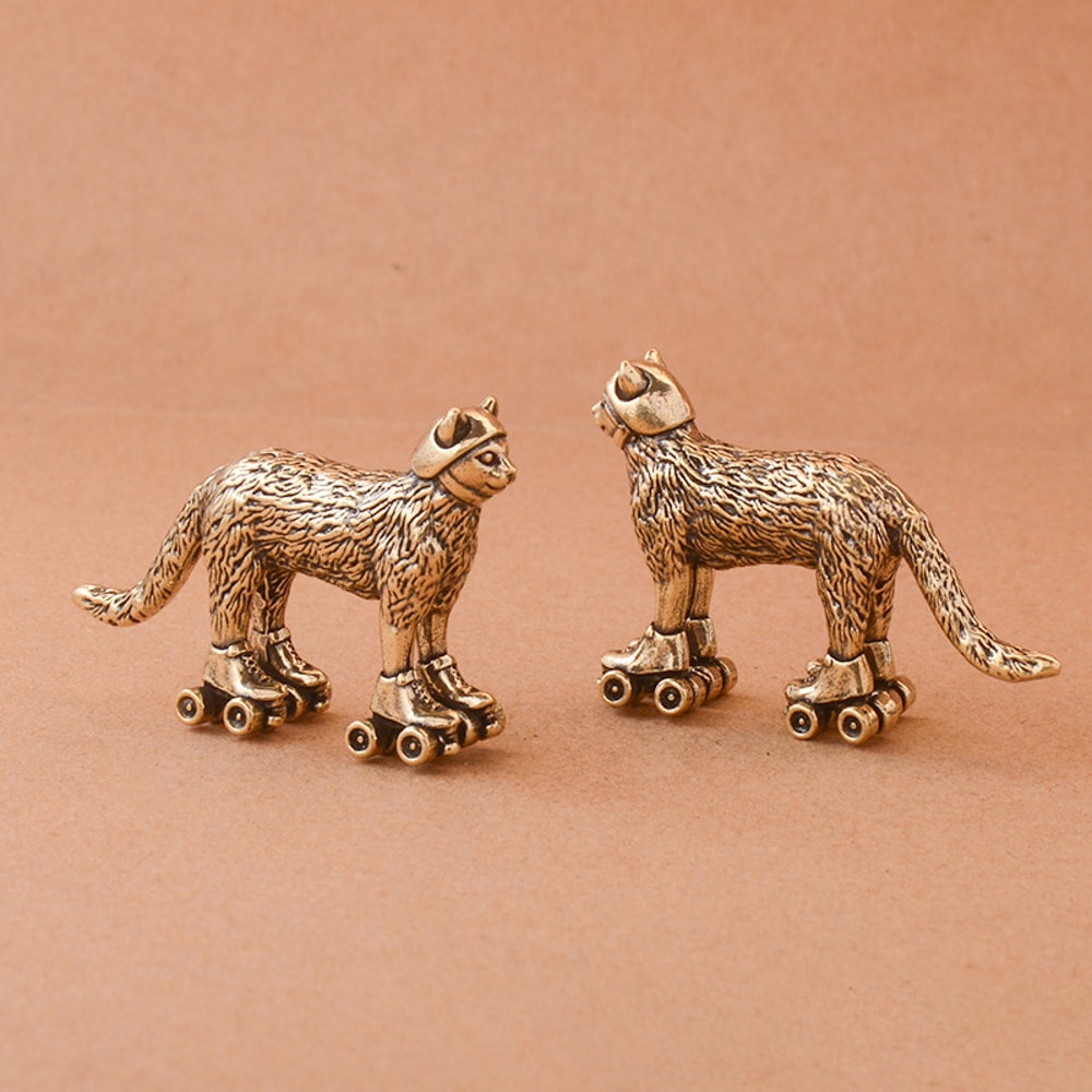 Vintage Brass Ski Cat Tea Pet Figurine Mini Desk Decor 3