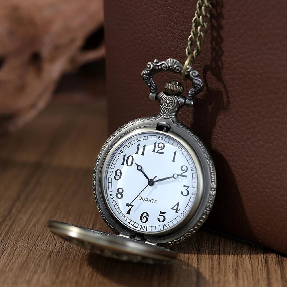 Vintage Roman Numeral Pocket Watch Necklace With Hollow Carved Case Quartz Timepiece 4
