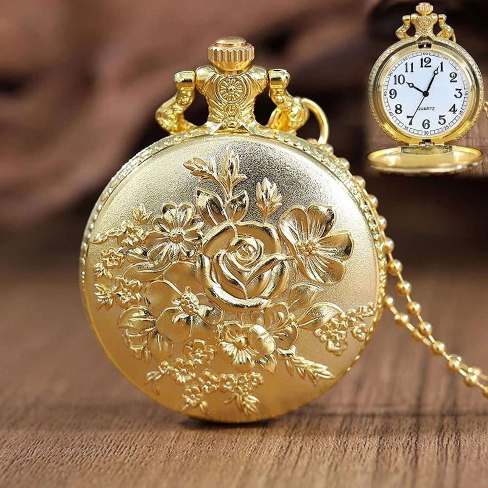 Vintage Roman Numeral Pocket Watch Necklace With Hollow Carved Case Quartz Timepiece 6