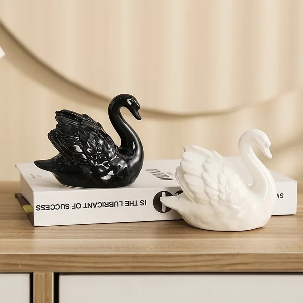 Elegant Couple Swan Ceramic Figurine Set Black White Home Decor 1