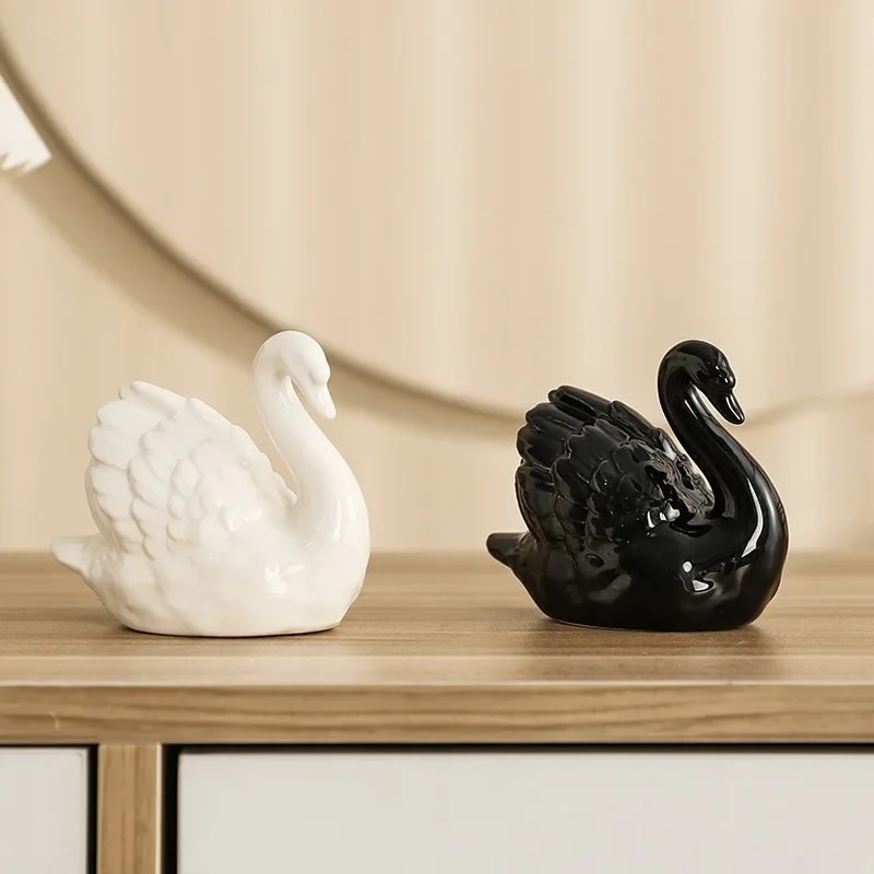 Elegant Couple Swan Ceramic Figurine Set Black White Home Decor 2