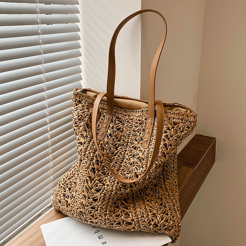 Boho Straw Beach Tote Bag Large Capacity Woven Shoulder Shopper for Women Vacation Style