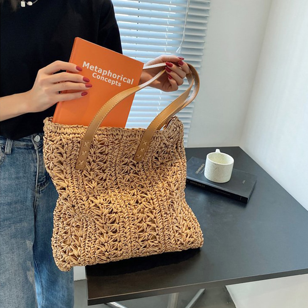 Boho Straw Beach Tote Bag Large Capacity Woven Shoulder Shopper for Women Vacation Style