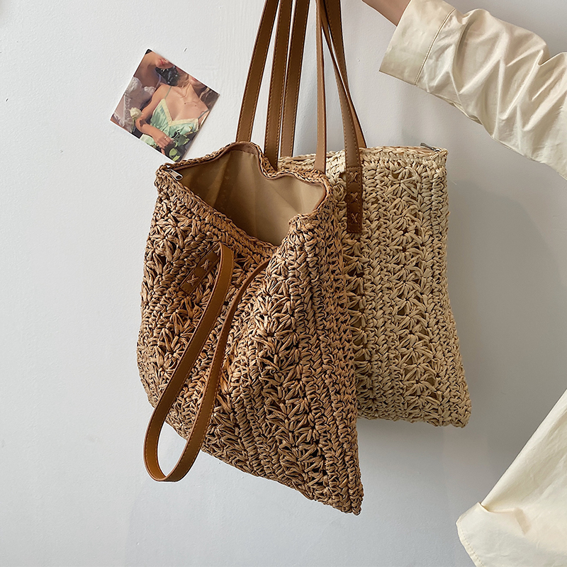 Boho Straw Beach Tote Bag Large Capacity Woven Shoulder Shopper for Women Vacation Style