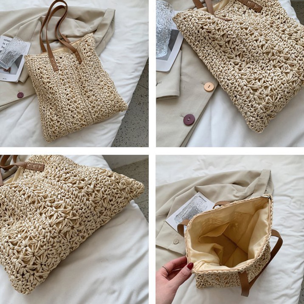 Boho Straw Beach Tote Bag Large Capacity Woven Shoulder Shopper for Women Vacation Style