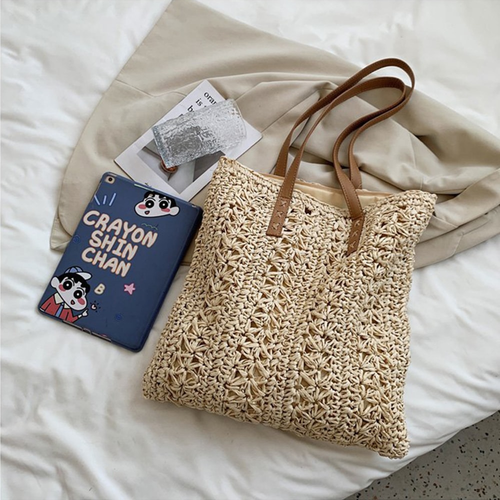 Boho Straw Beach Tote Bag Large Capacity Woven Shoulder Shopper for Women Vacation Style