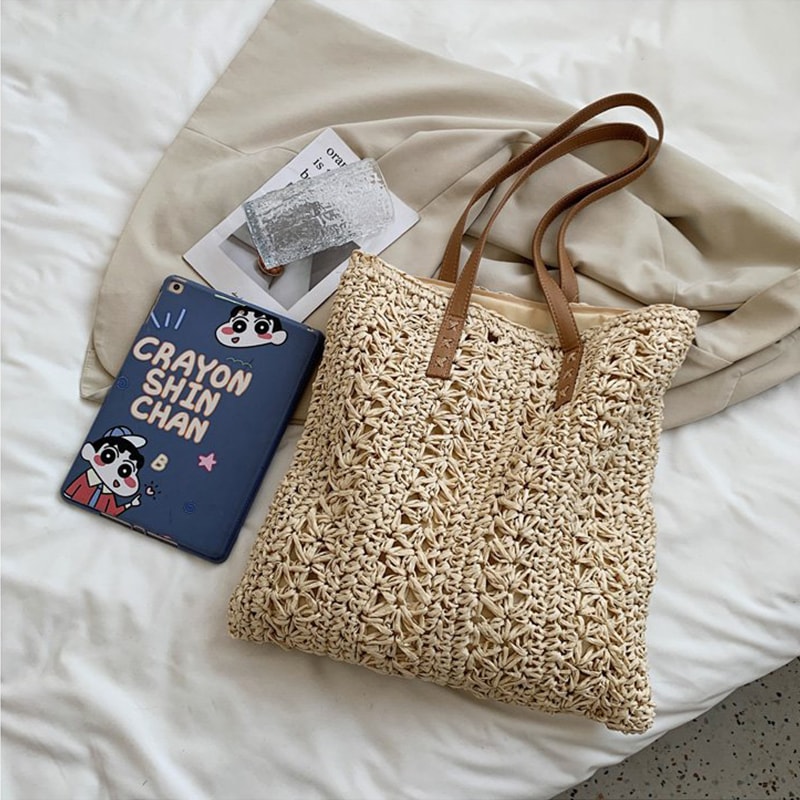 Boho Straw Beach Tote Bag Large Capacity Woven Shoulder Shopper for Women Vacation Style