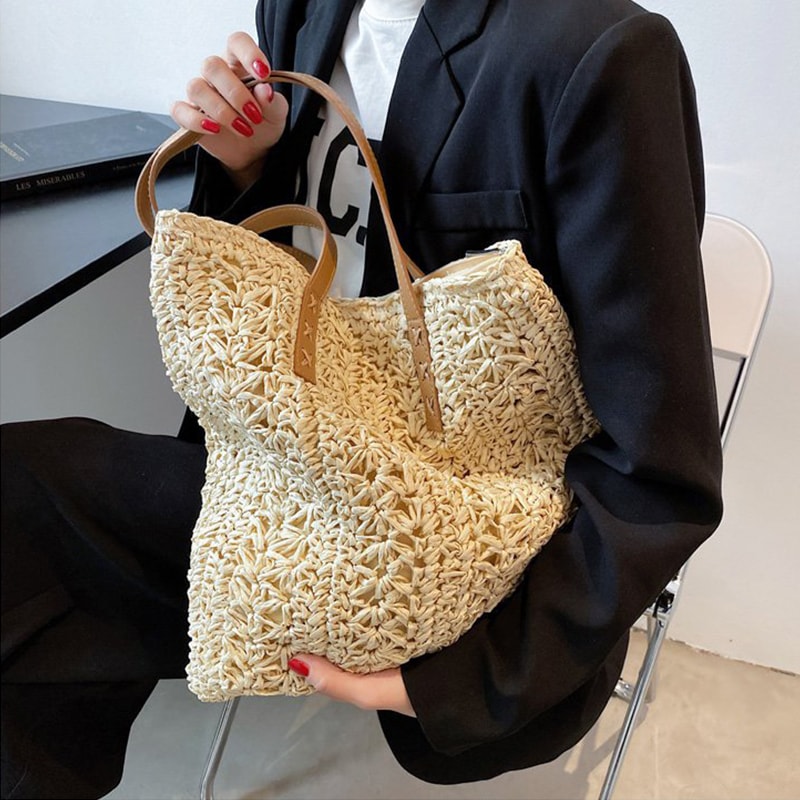 Boho Straw Beach Tote Bag Large Capacity Woven Shoulder Shopper for Women Vacation Style