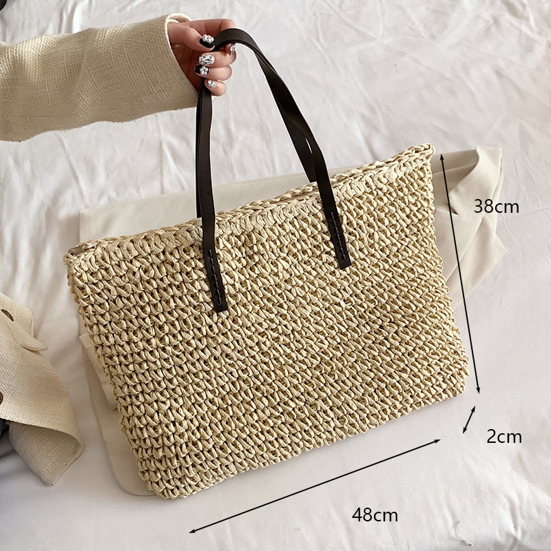 Boho Straw Beach Tote Bag Large Capacity Woven Shoulder Shopper for Women Vacation Style