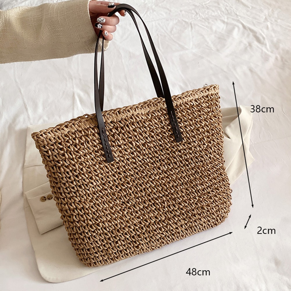 Boho Straw Beach Tote Bag Large Capacity Woven Shoulder Shopper for Women Vacation Style