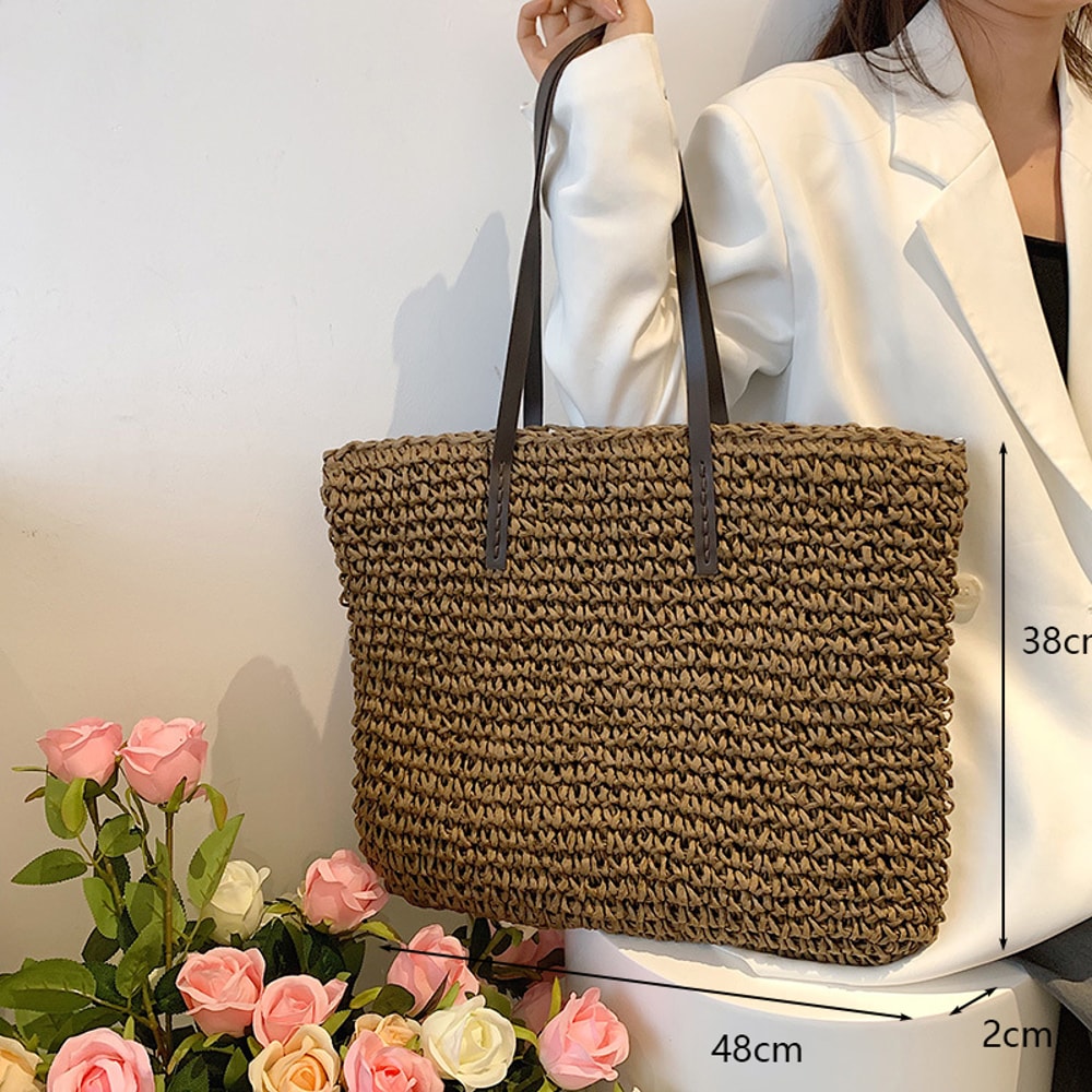 Boho Straw Beach Tote Bag Large Capacity Woven Shoulder Shopper for Women Vacation Style