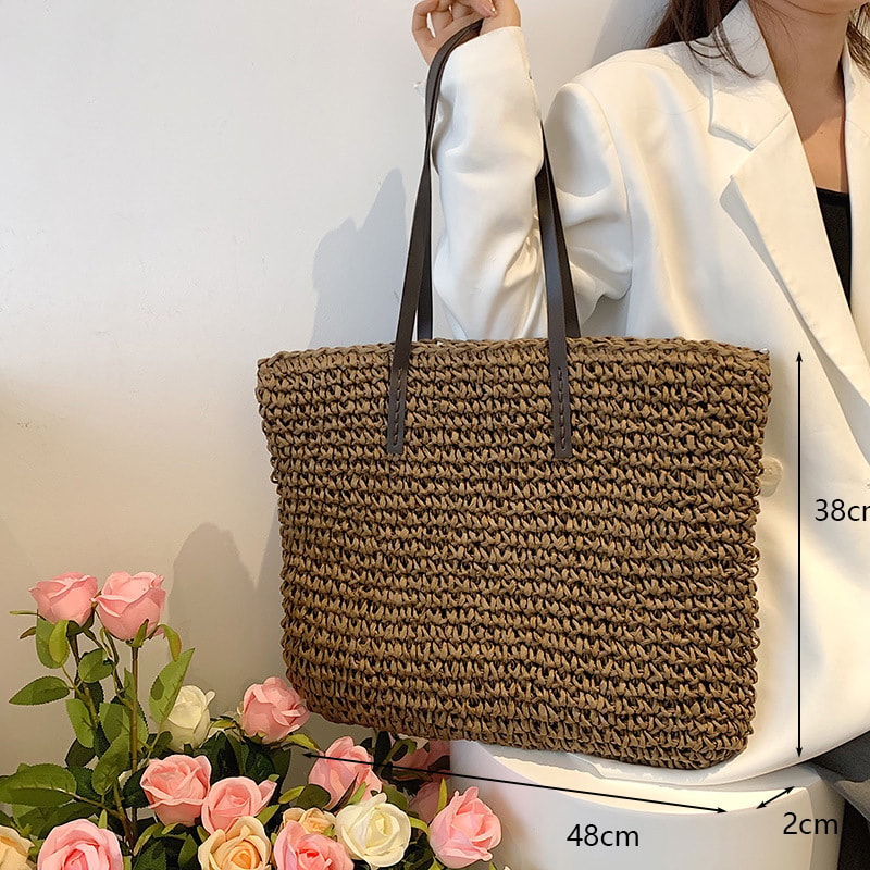 Boho Straw Beach Tote Bag Large Capacity Woven Shoulder Shopper for Women Vacation Style