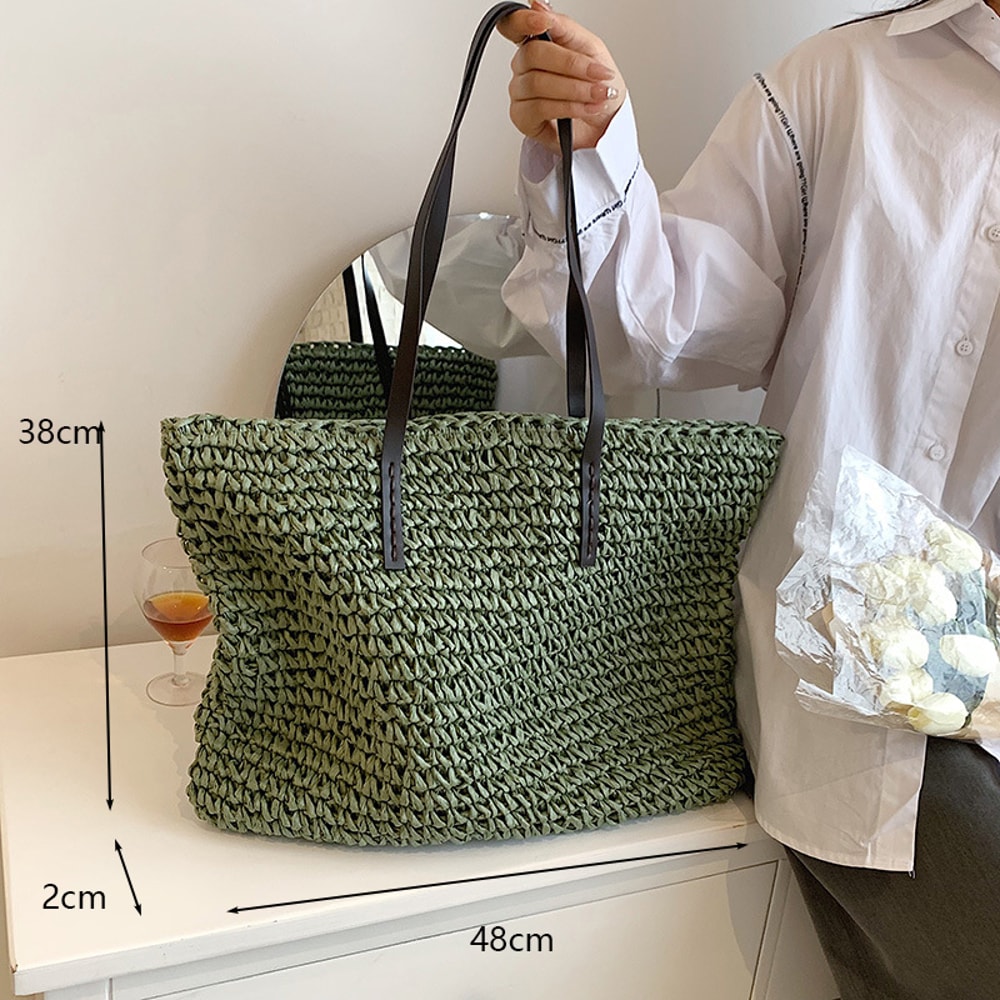 Boho Straw Beach Tote Bag Large Capacity Woven Shoulder Shopper for Women Vacation Style