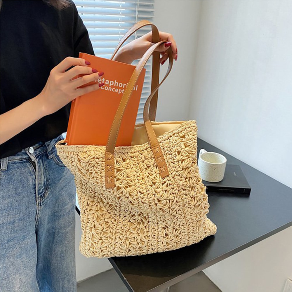 Boho Straw Beach Tote Bag Large Capacity Woven Shoulder Shopper for Women Vacation Style