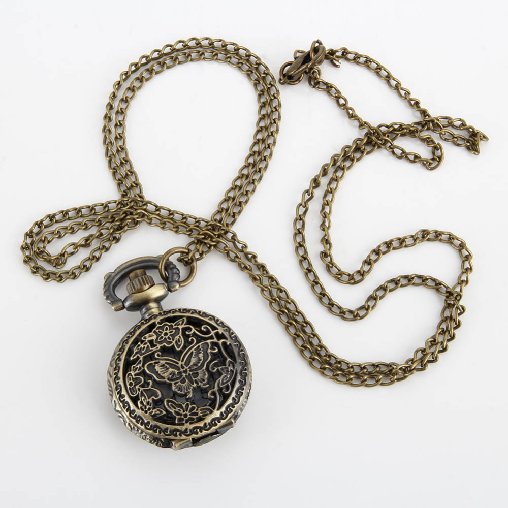 Vintage Butterfly Pocket Watch Necklace for Women Retro Quartz Pendant Timepiece Gift