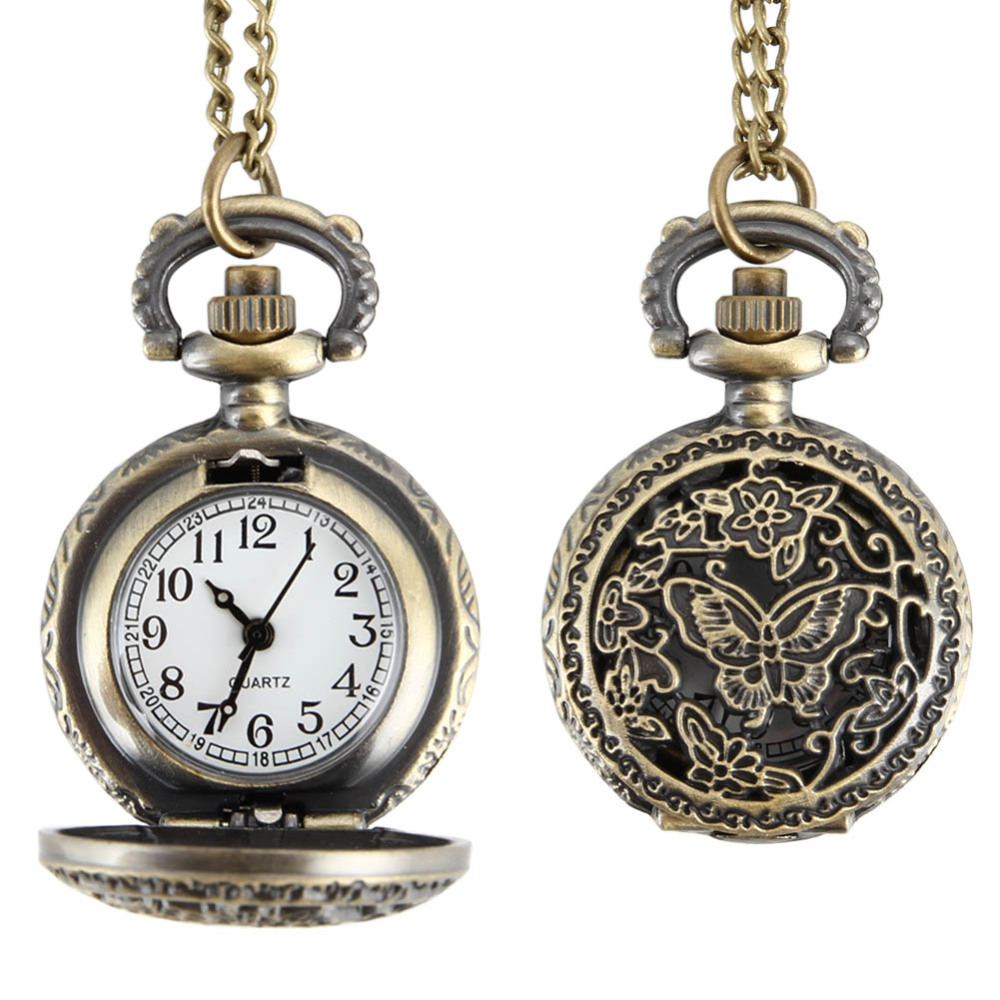 Vintage Butterfly Pocket Watch Necklace for Women Retro Quartz Pendant Timepiece Gift